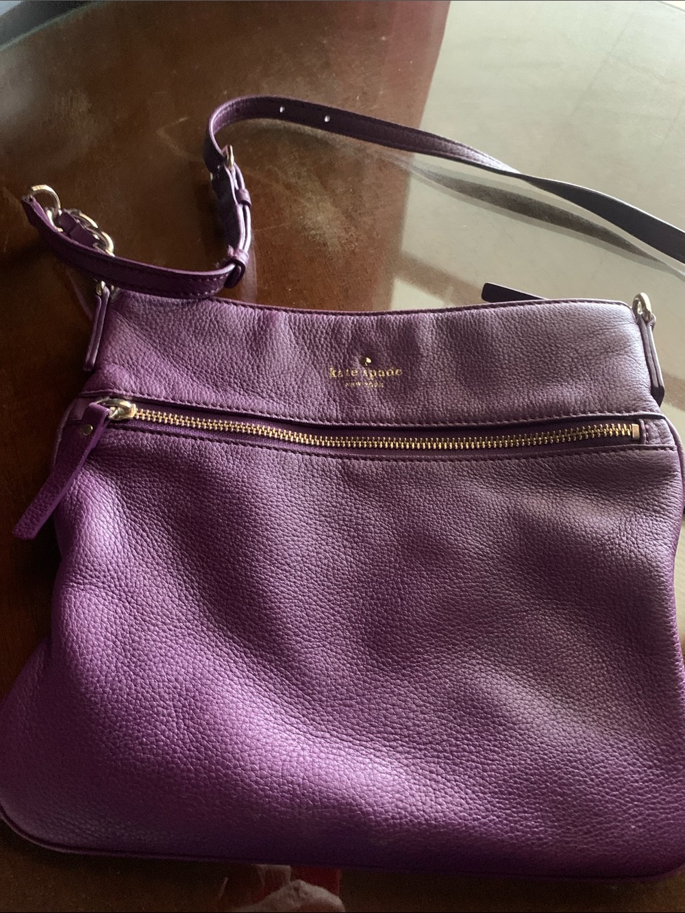 kate spade purple pebbled leather crossbody with gold-tone zipper